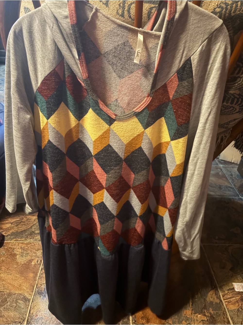 Voll Style Geometric Hooded Tunic in Yellow, Rust, Teal & Gray 2x NWOT